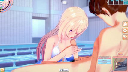 Красивая 3D блондинка играется с членом парня возле бассейна